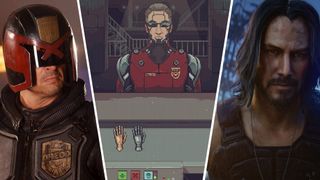 Dredd from film Dredd next to a cyberpunk guy at a store next to Johnny Silverhand from Cyberpunk 2077