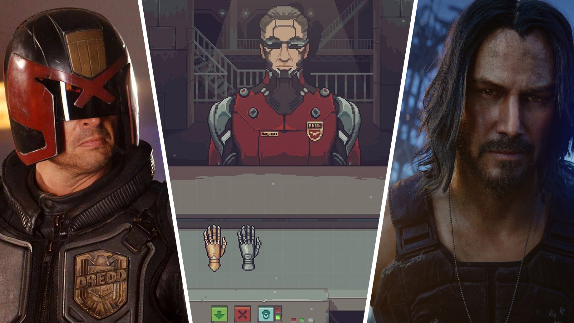 Dredd from film Dredd next to a cyberpunk guy at a store next to Johnny Silverhand from Cyberpunk 2077