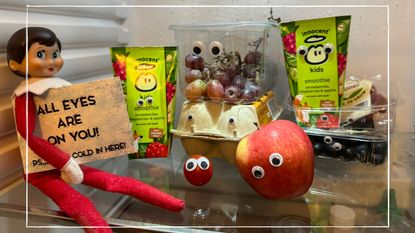 Our writer's Elf pictured inside the fridge surrounded by items of food with googly eyes stuck on and a sign that says 'All eyes are on you. PS It's cold in here'.