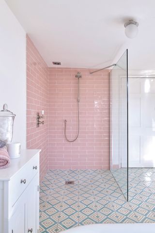 a wet room idea using patterned floor tiles