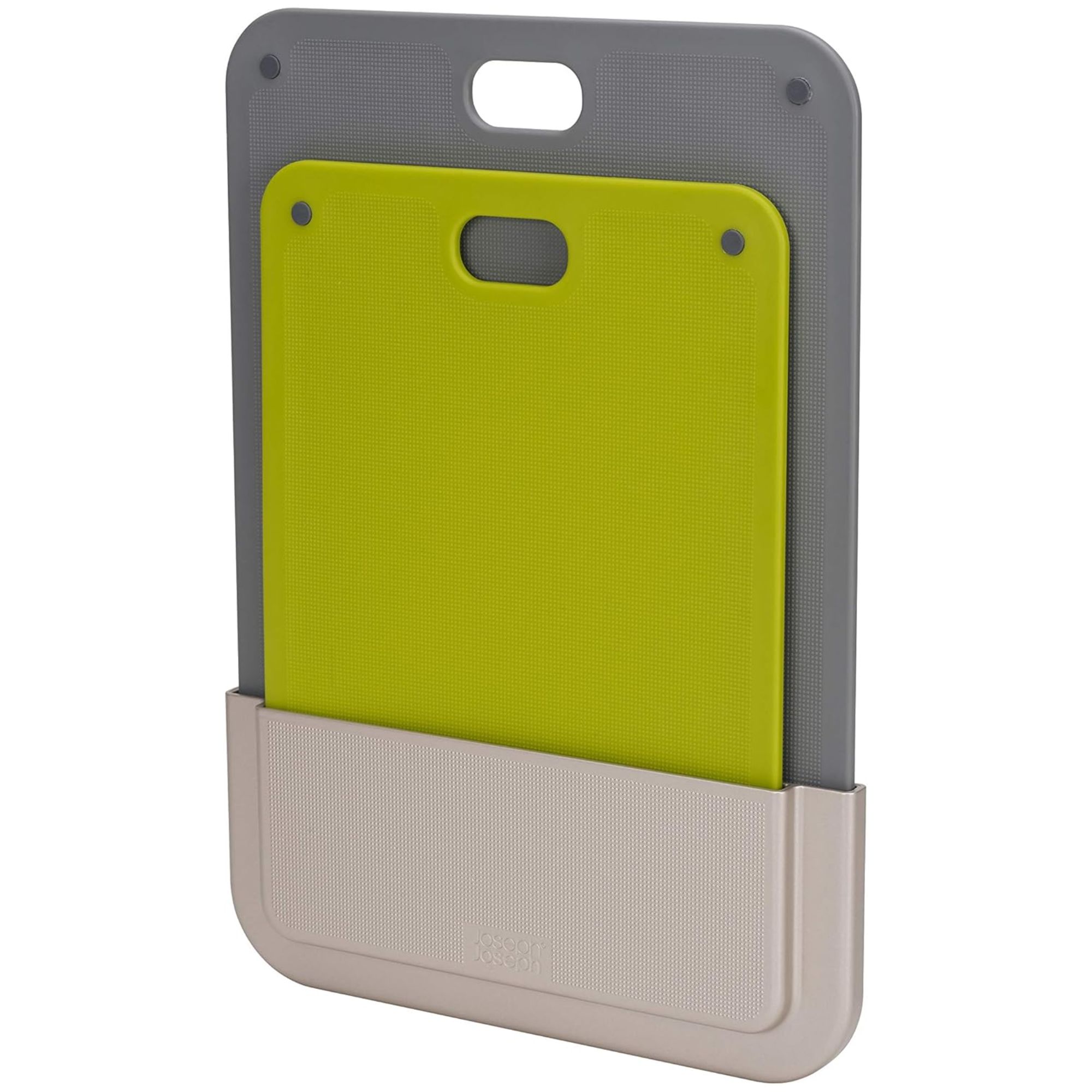A grey and a green chopping board in a holder