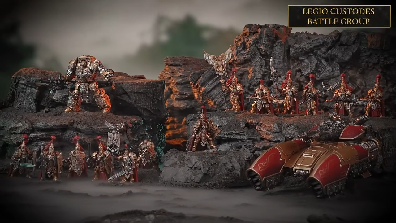 Warhammer Custodes miniatures on a blasted battleground