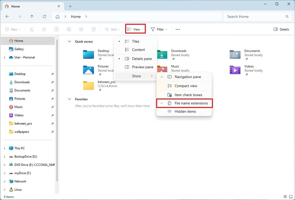 File Explorer show extensions