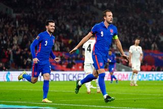 Harry Kane celebrated a hat-trick as England beat Albania 5-0 at Wembley.