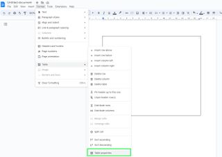 A screenshot of a blank Google Doc with the table properties dropdown menu selected.
