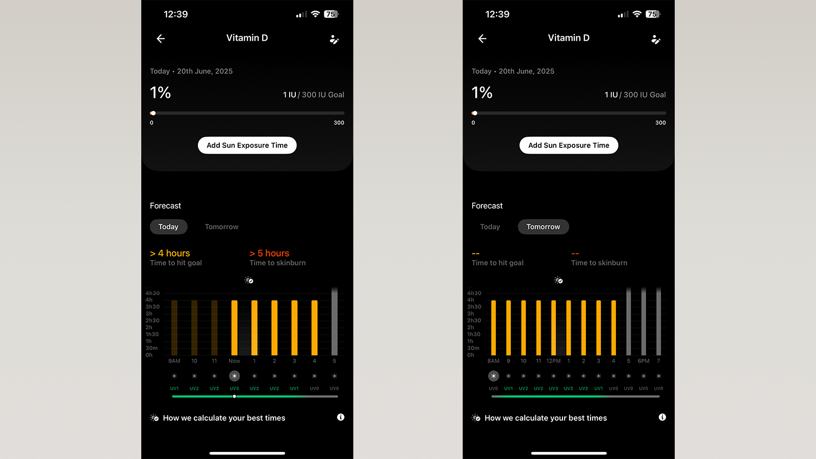 Screenshots from the Ultrahuman app