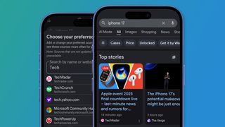 Two phones on a green and blue background showing Google's top stories results and preferred sources screen