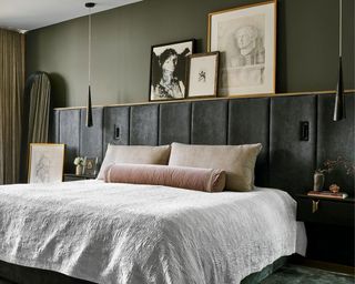 Donna Mondi bedroom, large bed, artwork above, upholstered headboard