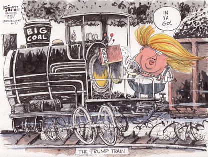 Political Cartoon U.S. Trump train big coal mining science
