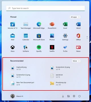 Start menu recommended items
