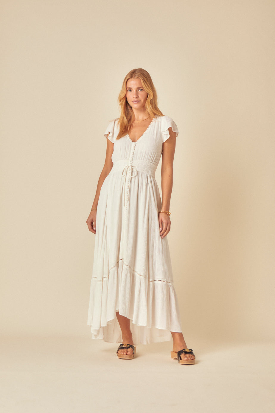 White V-Neck Frill Veda Midi Dress