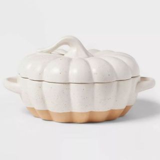 An ivory colored large lidded pumpkin bowl is one of the best Target fall decor items.