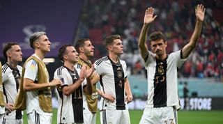 Germany's players gesture to fans at the end of the Qatar 2022 World Cup Group E football match between Costa Rica and Germany at the Al-Bayt Stadium in Al Khor, north of Doha on December 1, 2022.