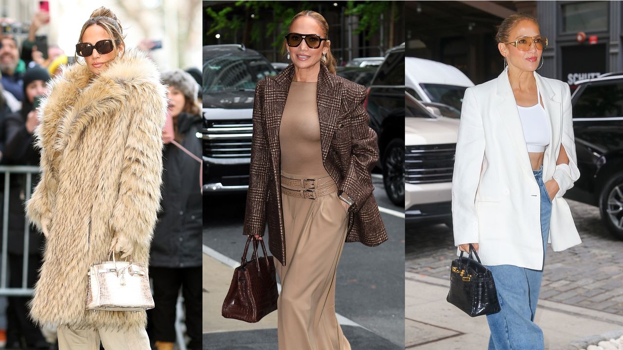 a collage of Jennifer Lopez carrying her rare birkin bags in new york city with tonal outfits