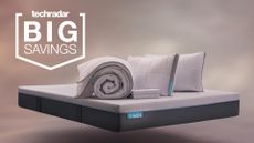 Simba mattress deals and sales: mattress with bedding on it, and Big saving flag overlaid