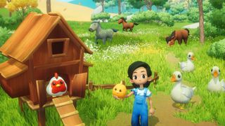 Everdream Valley - a player holds a small chick outside a chicken coop while horses run through a field in the background