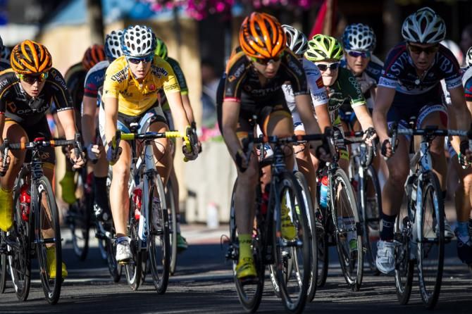 Kristin McGrath (Exergy) tucked away near the front of the peloton.