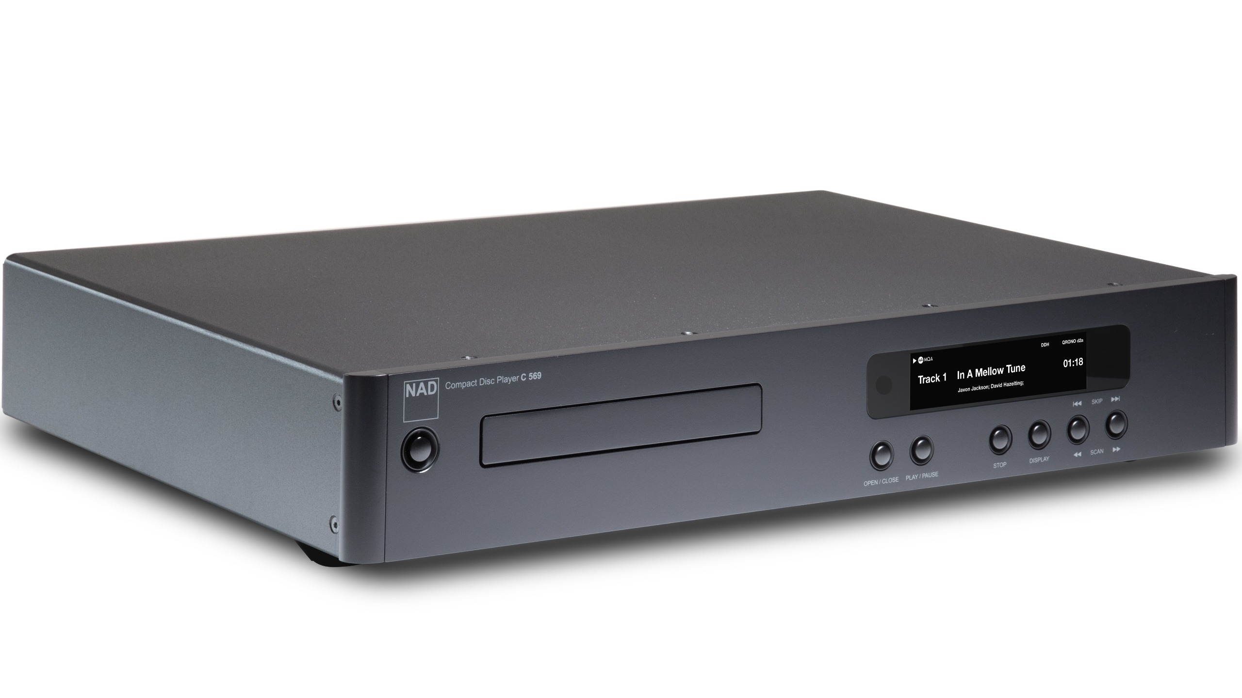 The NAD C 569 CD player on a white background, seen from a 3/4 angle.