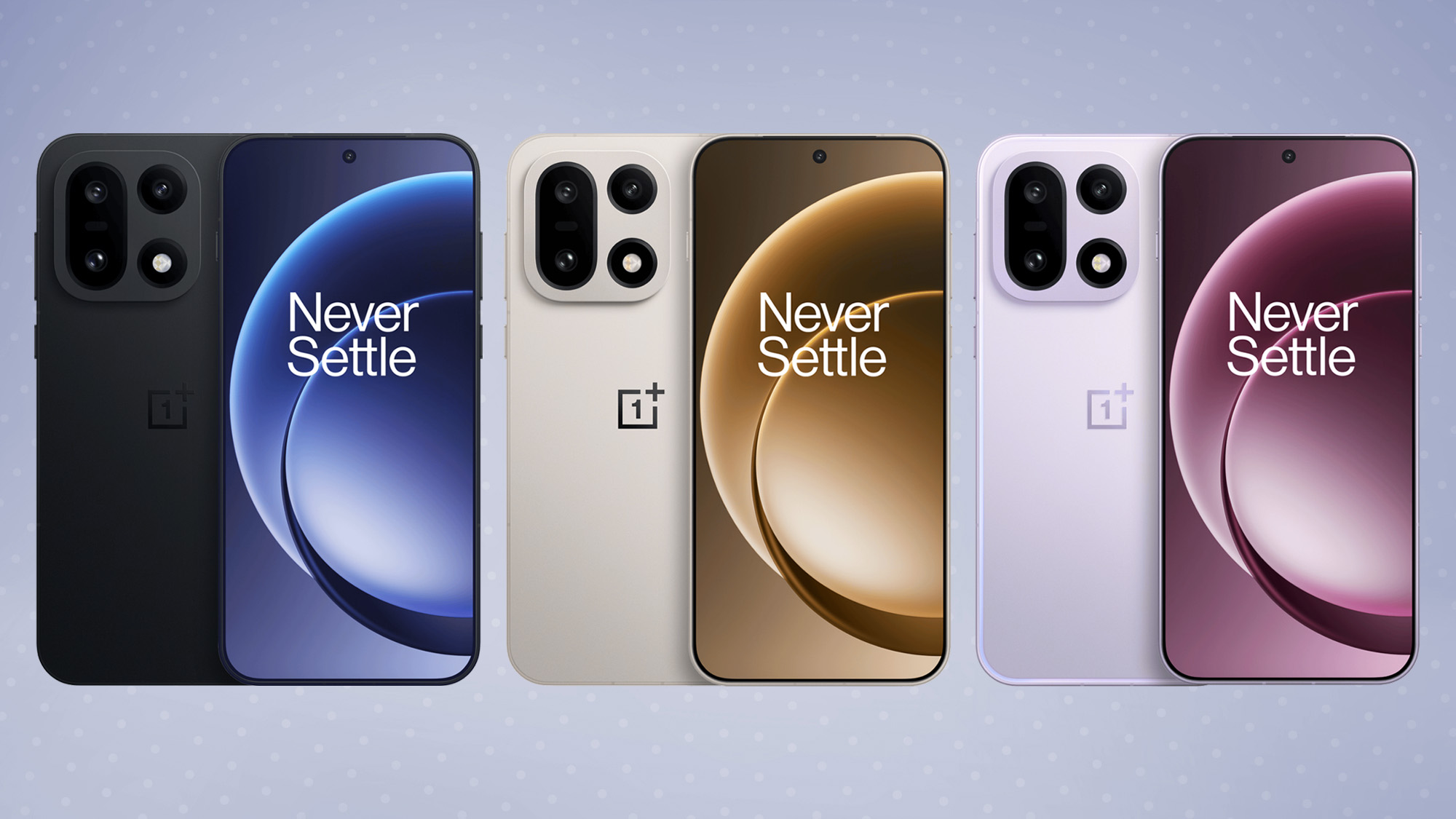 OnePlus 15 in black, gold and purple, on a spotted purple background