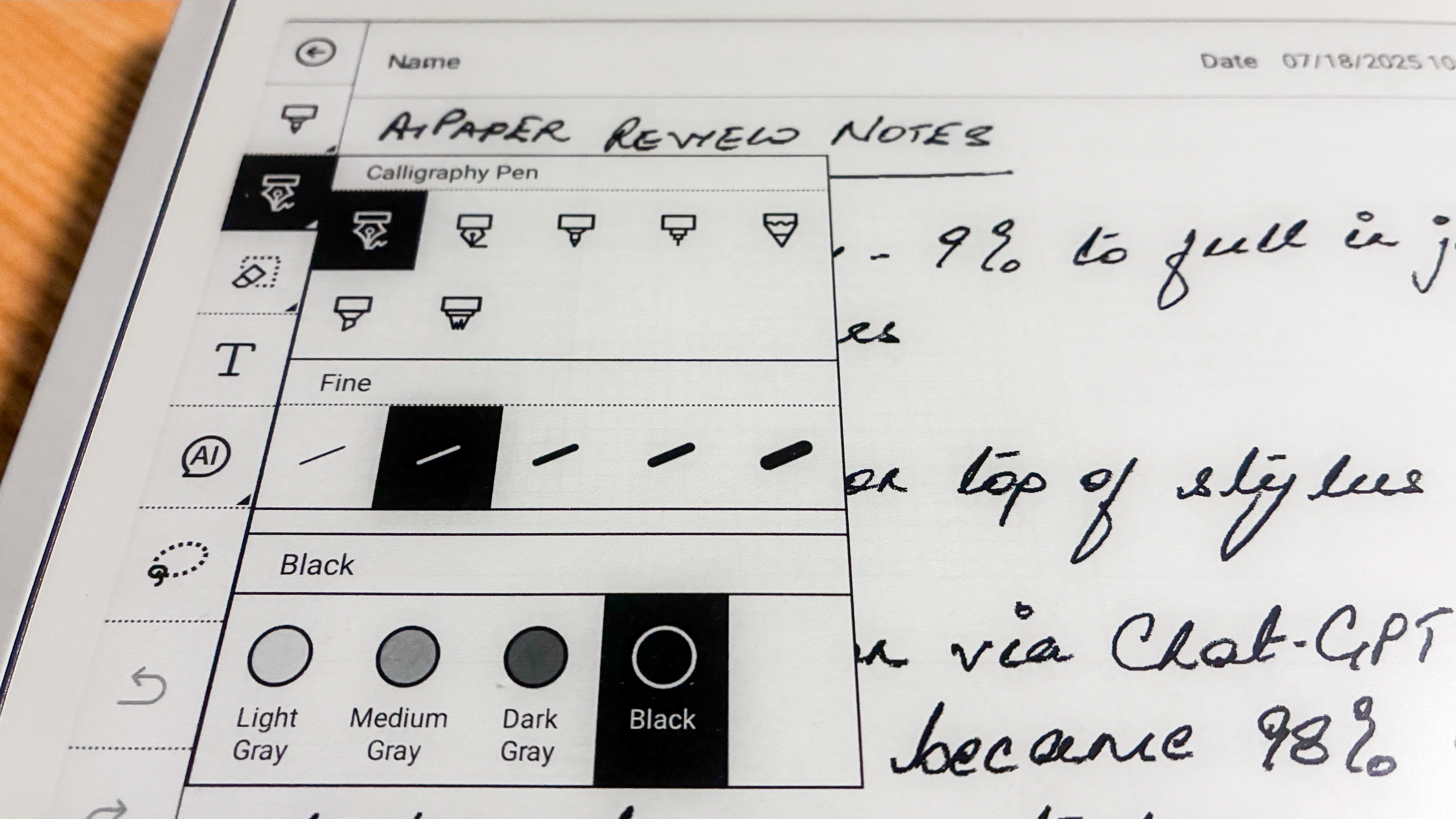 The pen options in the Paper app on the ViWoods AiPaper