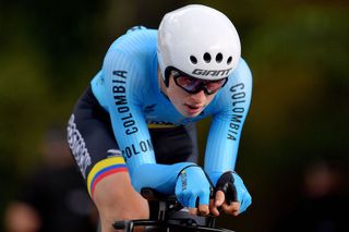 Colombia's Germán Darío Gómez in the junior men's time trial at the 2019 World Championships, three days before his unfortunate mechanical during the road race