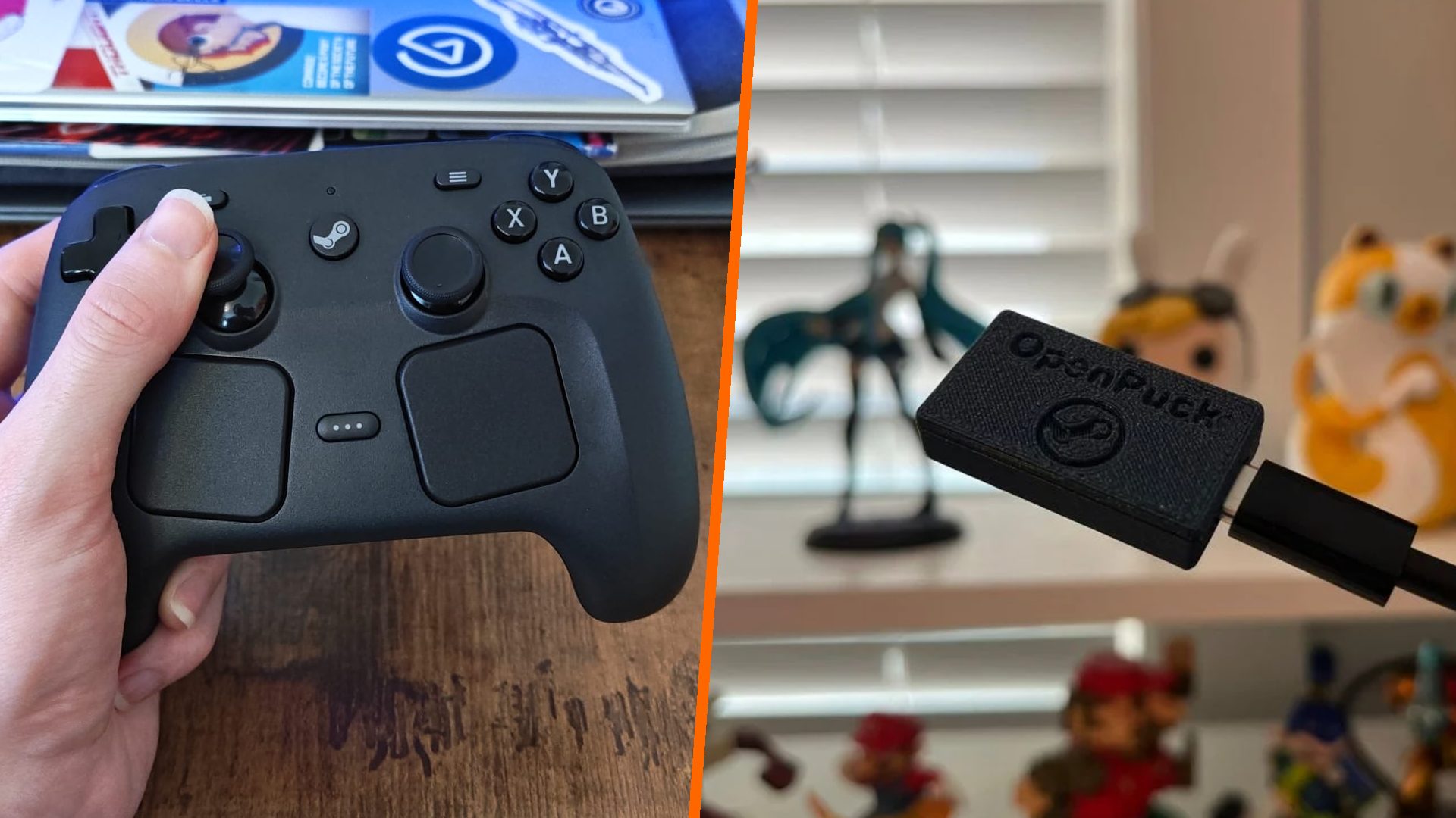 Split image with hand holding Steam Controller on left and Openpuck DIY controller puck on right with USB connected.