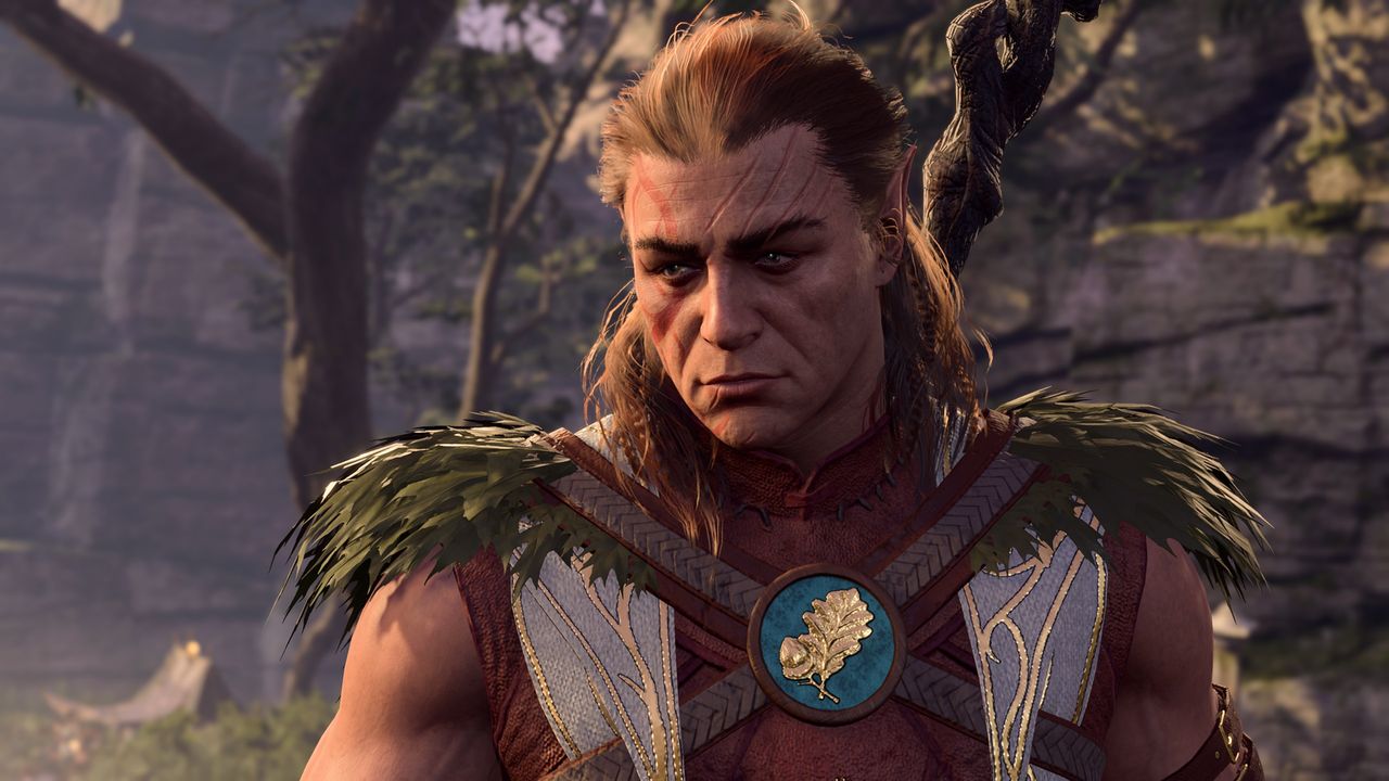 Baldur's Gate 3 - Halsin stands at sunset in camp speaking