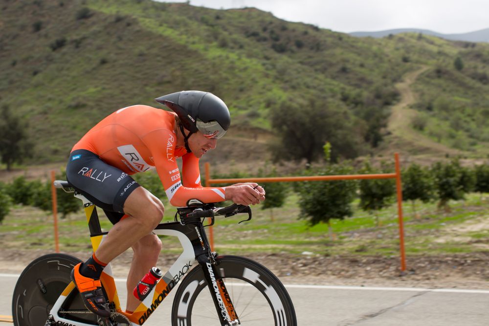 Tom Zirbel puts his time trial bike through the paces at a recent team camp in California.