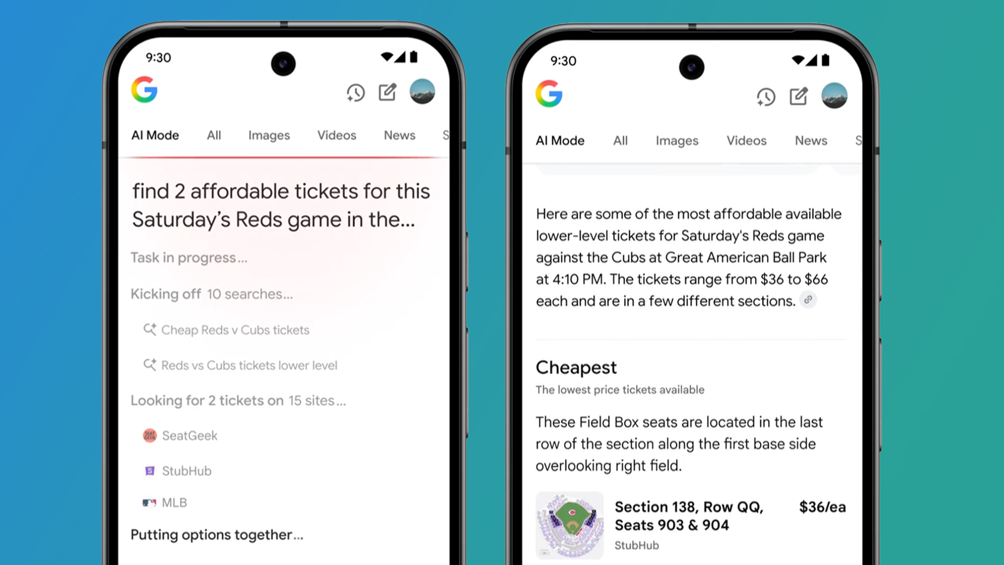 Two phones on a blue and green background showing Google's AI Mode buying tickets