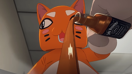 Mr Whiskey, a guy in a mascot suit, pours a measure of Jack Daniels into a cup of coffee in Dispatch.