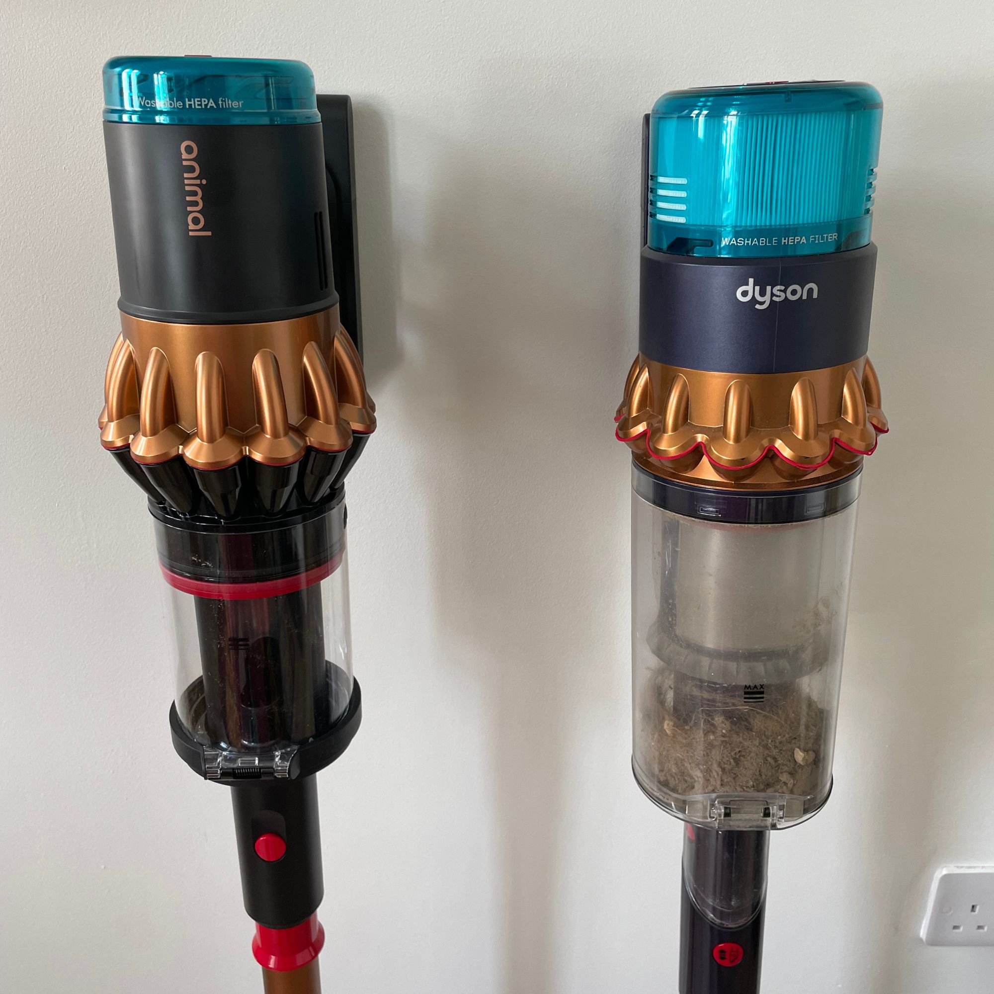 Dyson V16 Piston Animal next to the Dyson Gen5detect