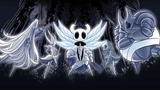 A piece of fanart of Team Cherry's Hollow Knight, created for the Pale Court DLC, featuring the Hollow Knight itself posed with five white knights behind it.