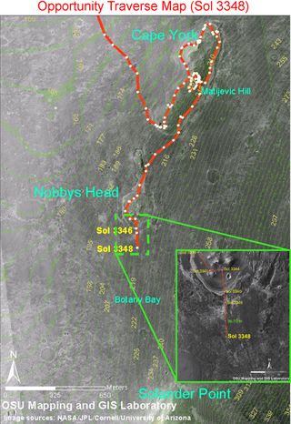 This driving map of NASA's Opportunity rover shows its path on Mars after driving for 3,348 Martian days, or sols. The path carried Opportunity from a point called Cape York toward its next destination, Solander Point. Image released in July 2013.