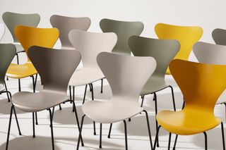 Arne Jacobsen chairs in grey, green, yellow and beige