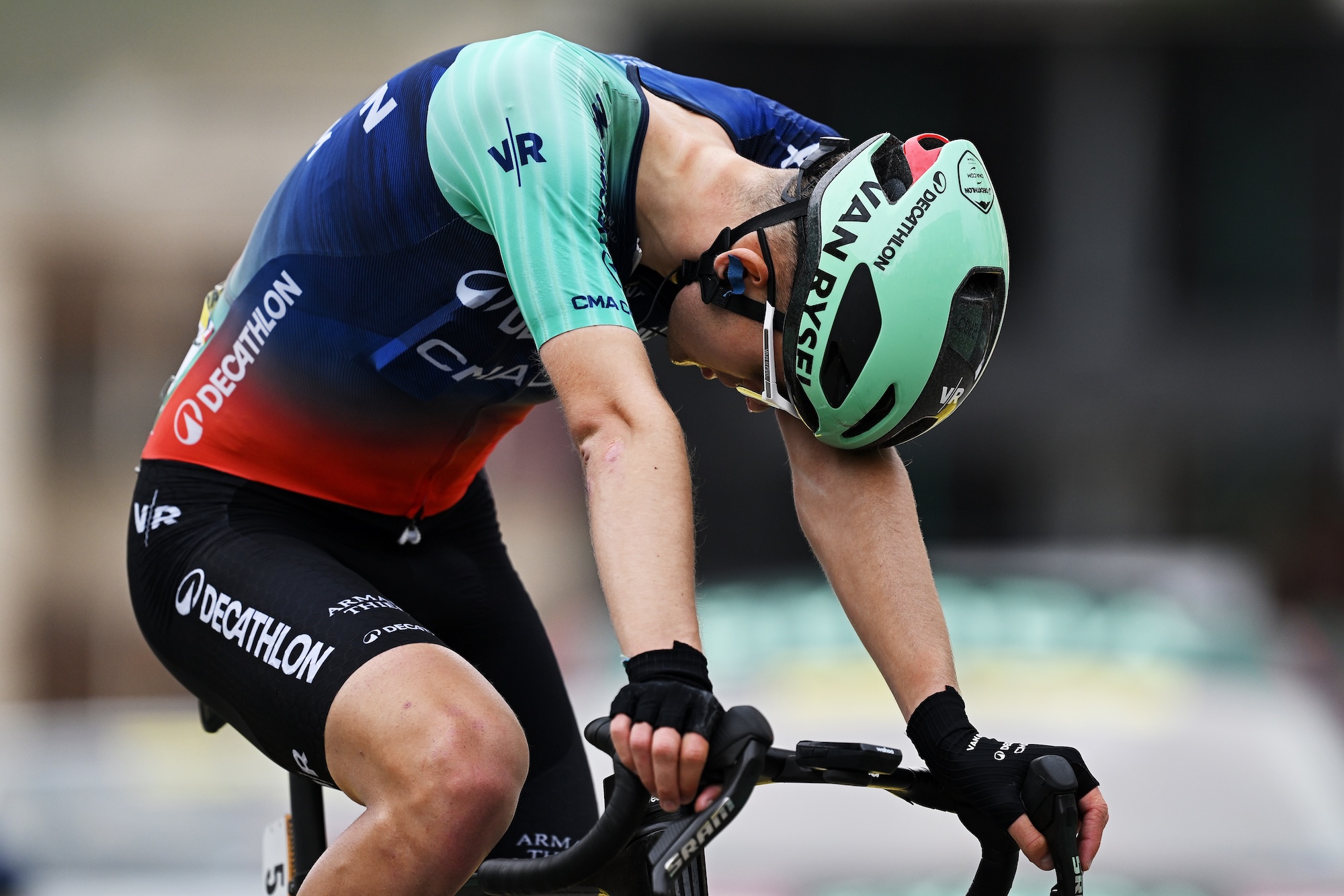 Paul Seixas of Decathlon CMA CGM Team reacts after finishing 10th on stage 20, and losing time to rival Isaac del Toro on GC
