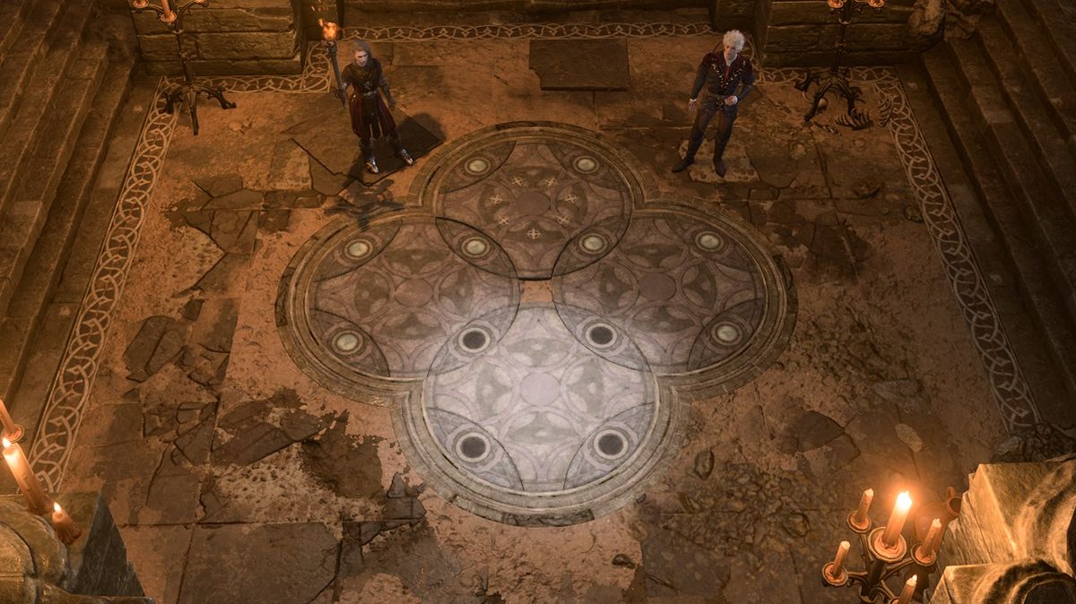 Baldur's Gate 3 - Astarion stands beside the solved moon puzzle in the defiled temple with the moons facing upwards