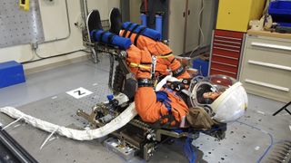 NASA's "Moonikin" mannequin in an orange spacesuits sitting in launch position.