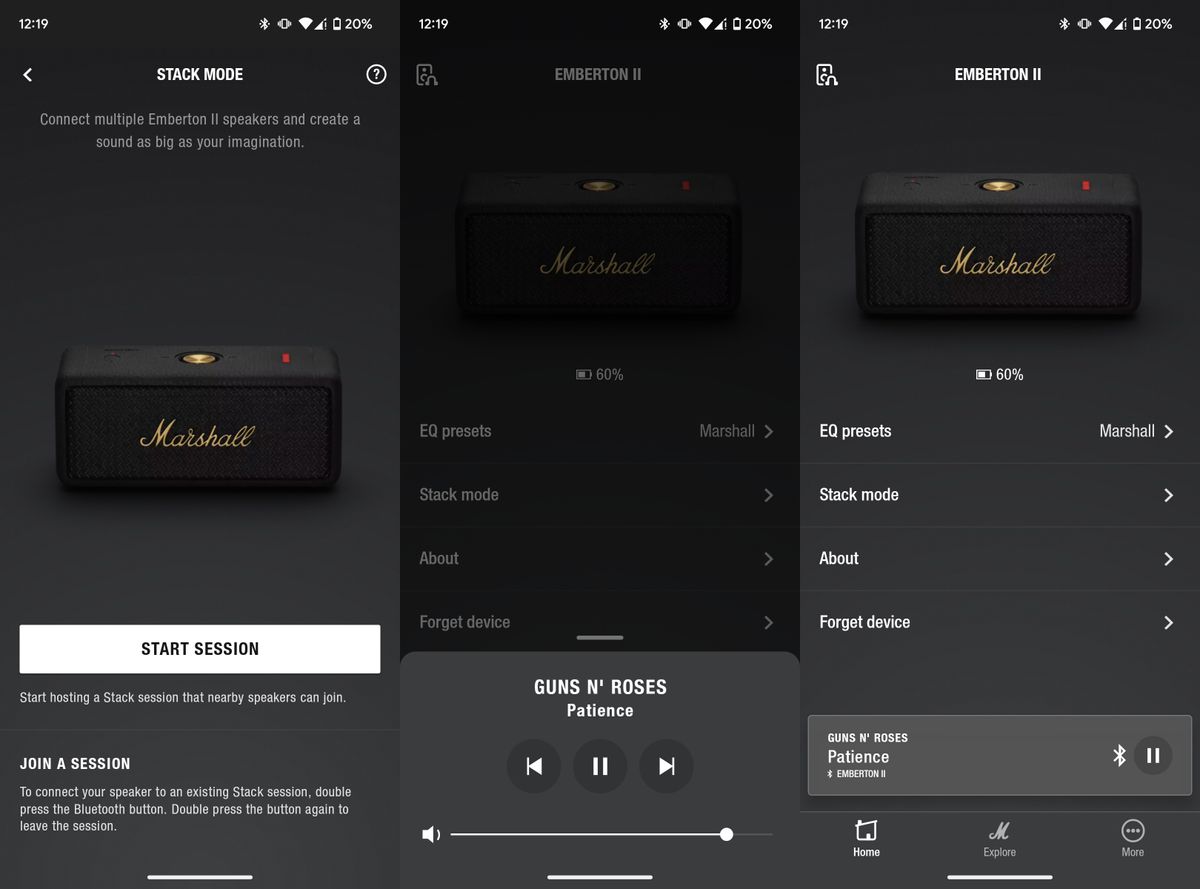 Marshall Emberton II app screenshots.