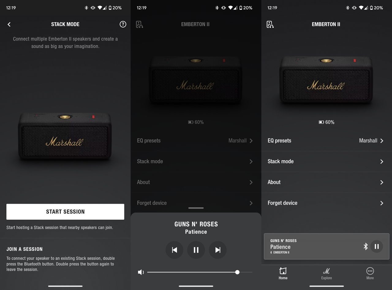 Marshall Emberton II app screenshots.