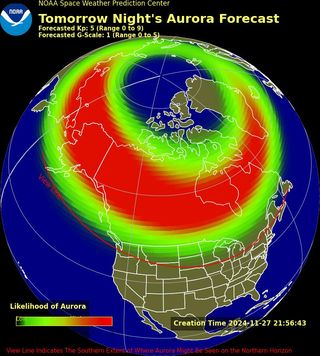 An aurora forecast map showing high aurora probability across Canada, Alaska, and a few northern states.