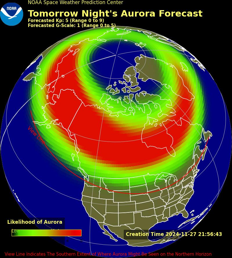 An aurora forecast map showing high aurora probability across Canada, Alaska, and a few northern states.