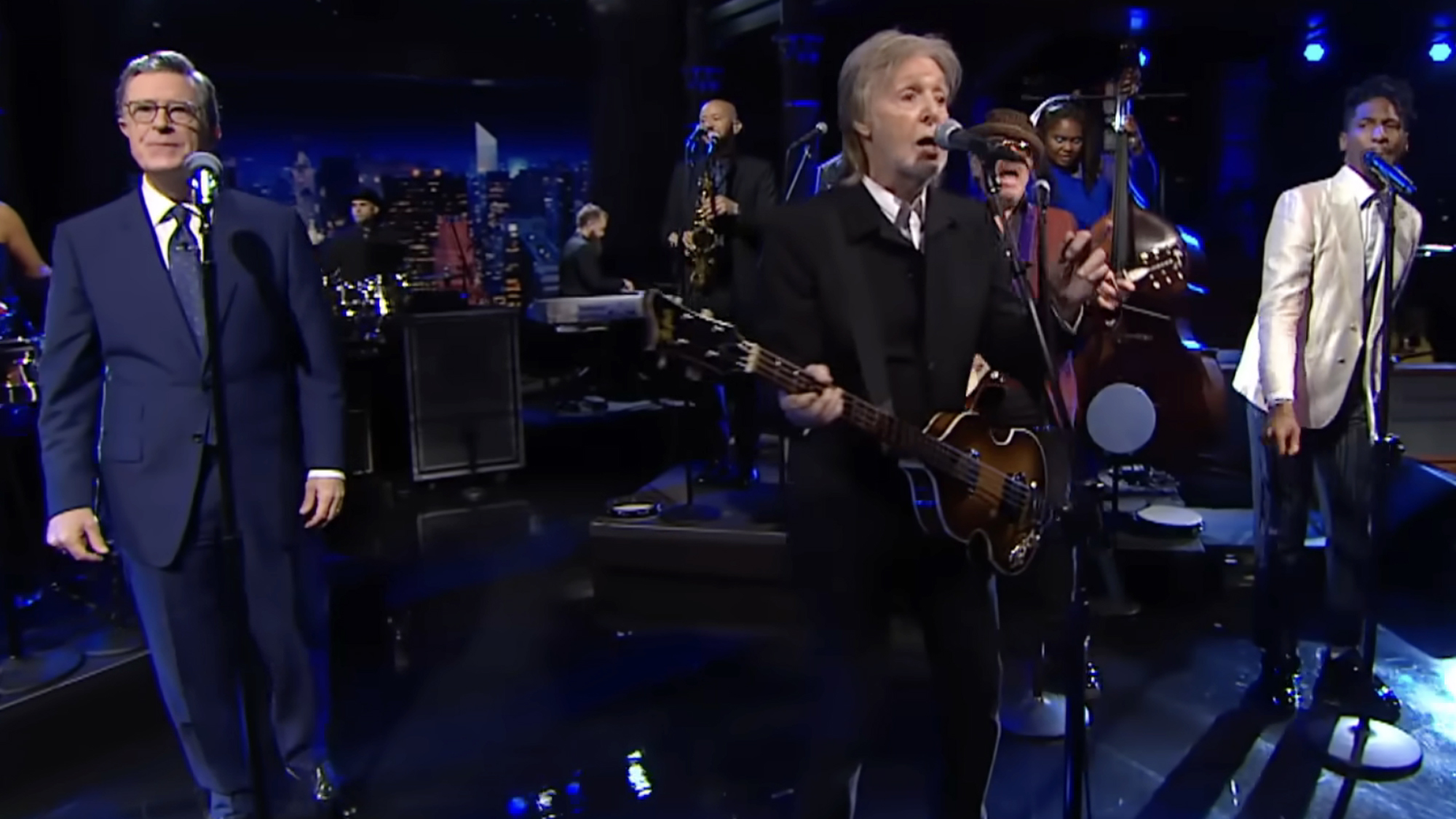 Stephen Colbert performs "Jump Up / Hello Goodbye" with Paul McCartney, Elvis Costello, and Jon Batiste on his final episode of Late Show with Stephen Colbert.