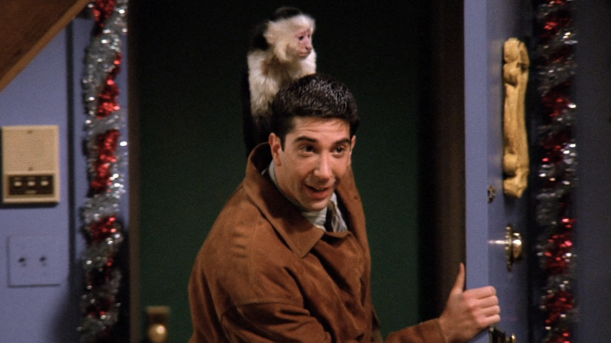 Ross with Marcel the capuchin on his head in Friends