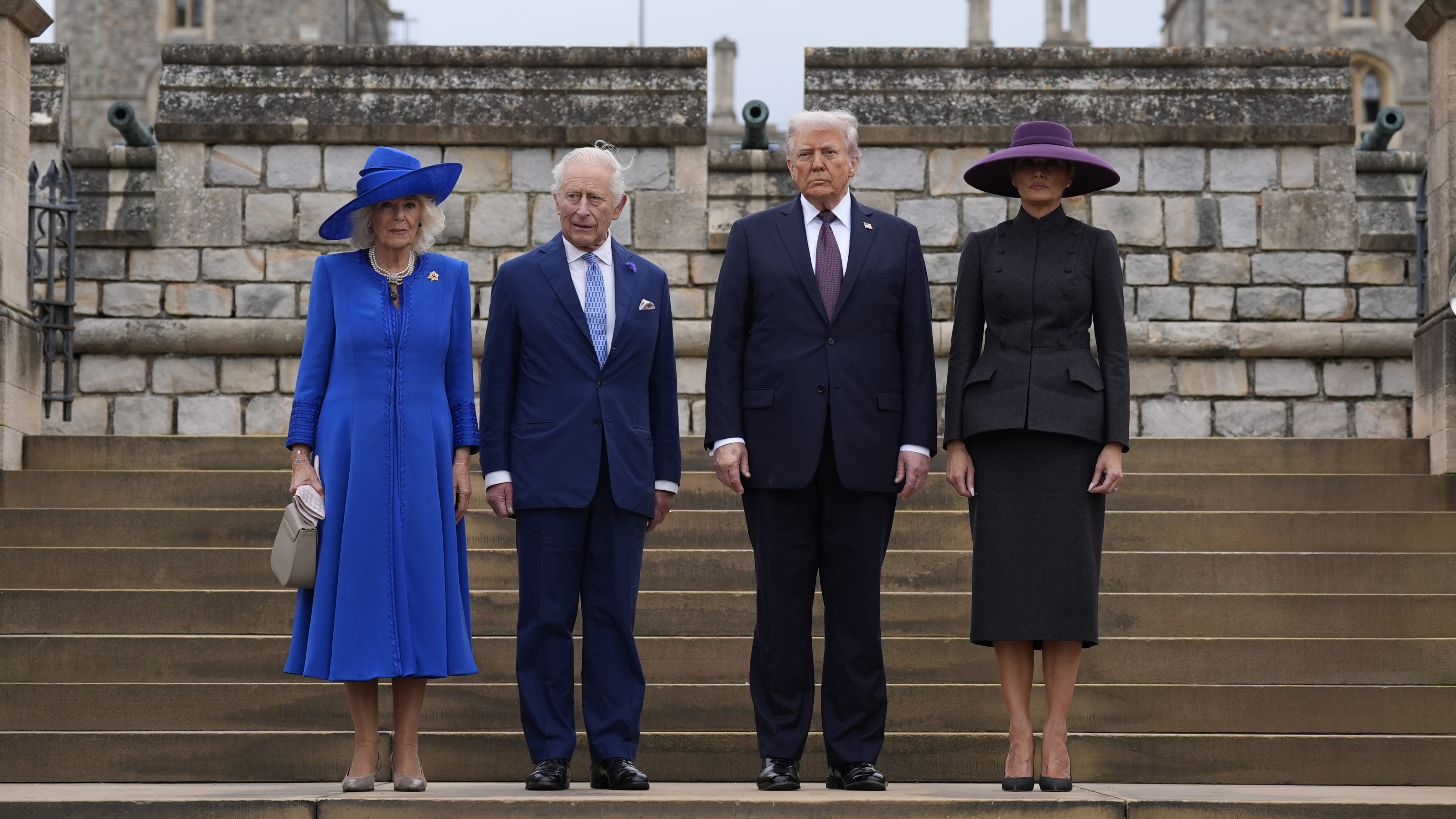 Queen Camilla, King Charles III, US President Donald Trump and First Lady Melania Trump arrive for the Beating Retreat military ceremony at Windsor Castle during the state visit by the President of the United States of America on September 17, 2025