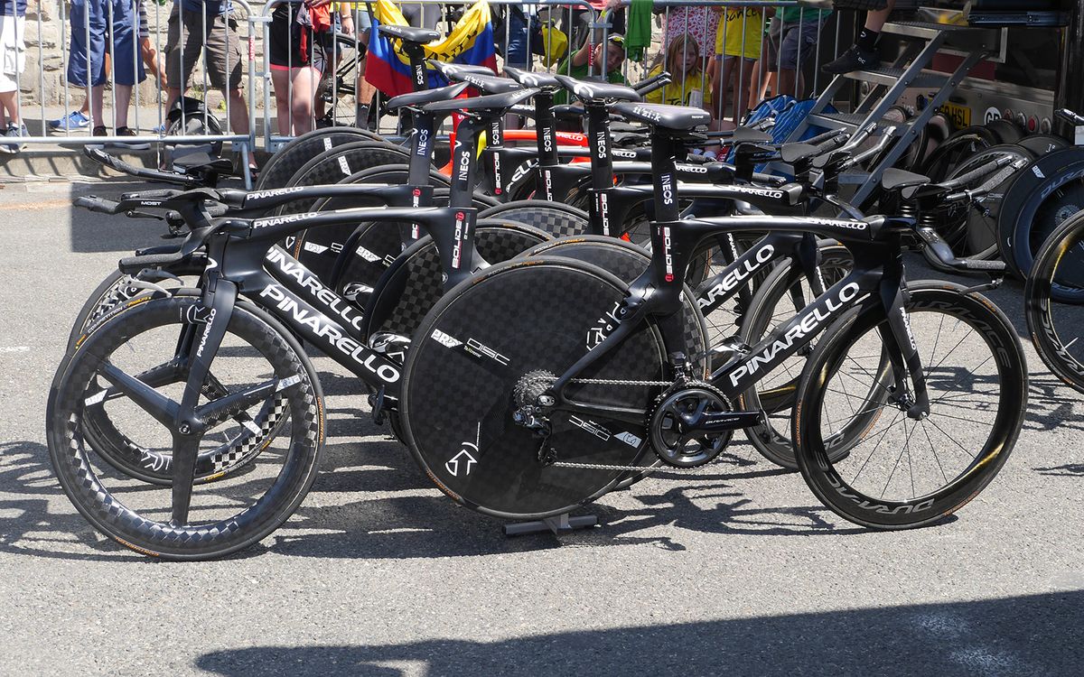 Team Ineos' Pinarello Bolide TT bikes ahead of the stage start