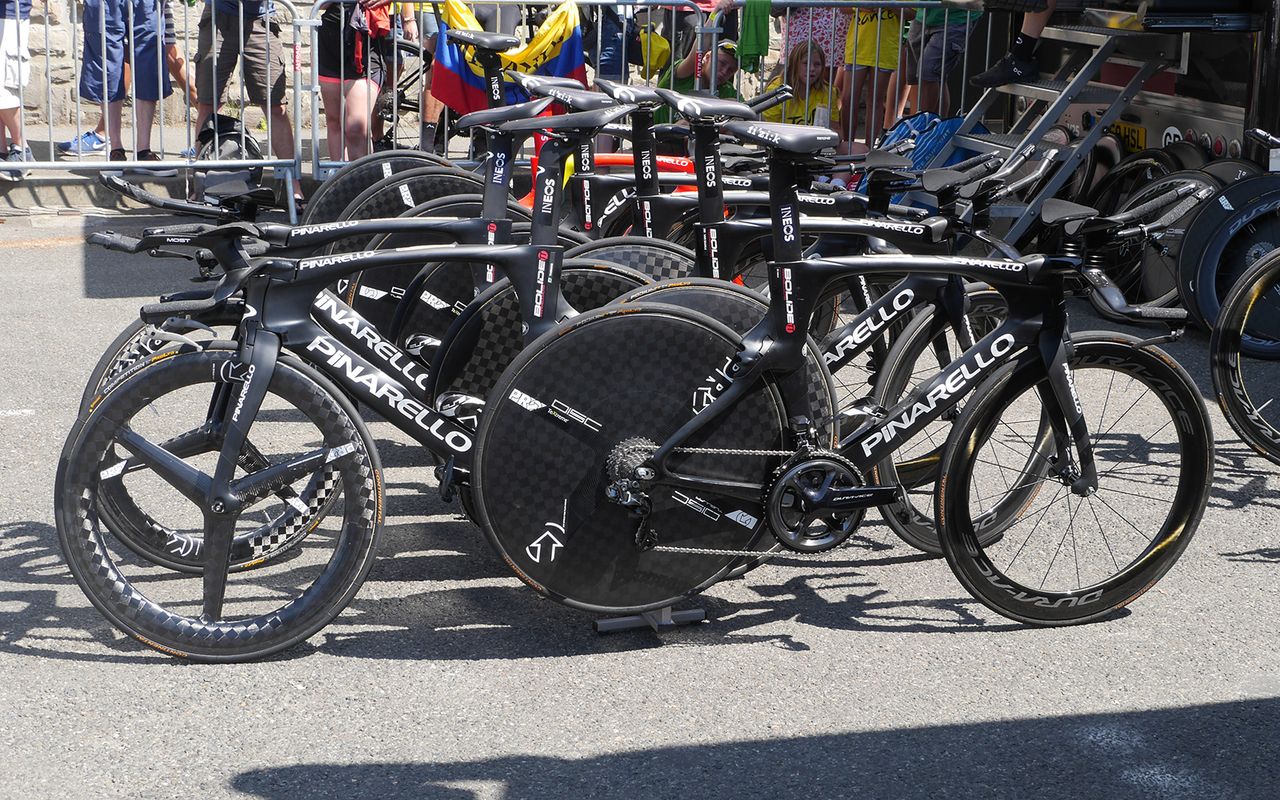 Team Ineos' Pinarello Bolide TT bikes ahead of the stage start