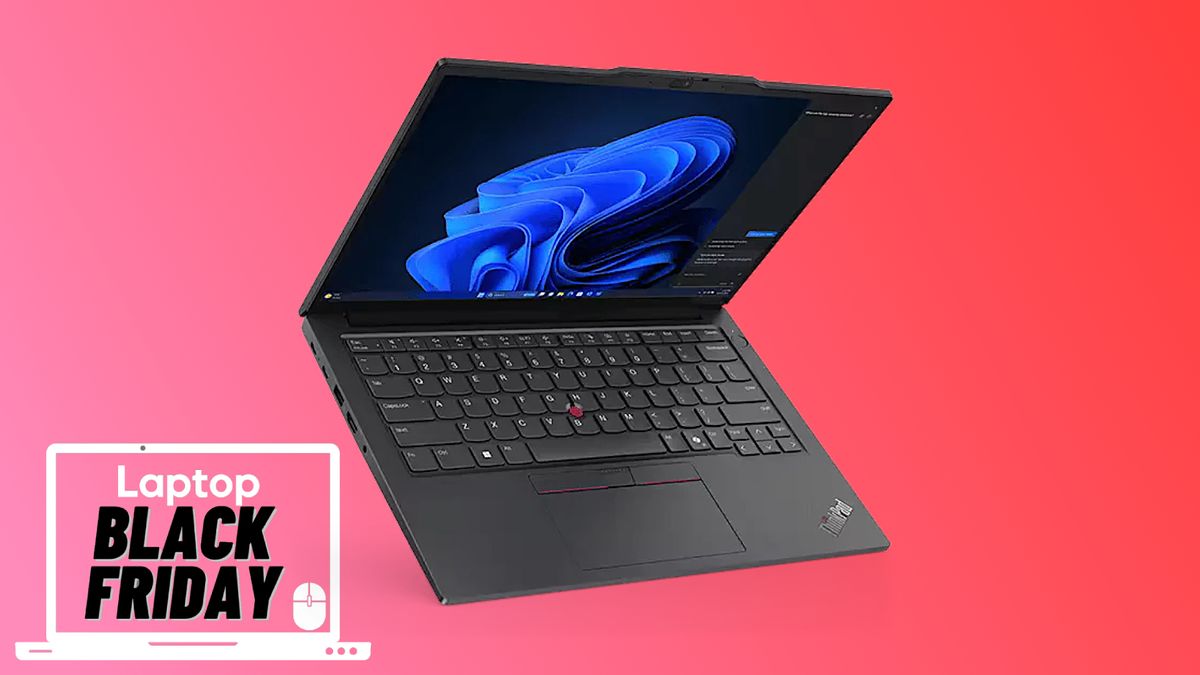 Lenovo ThinkPad E14 Gen 6 on a red to pink gradient background with the Laptop Mag Black Friday deal badge in the bottom left corner.