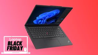 Lenovo ThinkPad E14 Gen 6 on a red to pink gradient background with the Laptop Mag Black Friday deal badge in the bottom left corner.