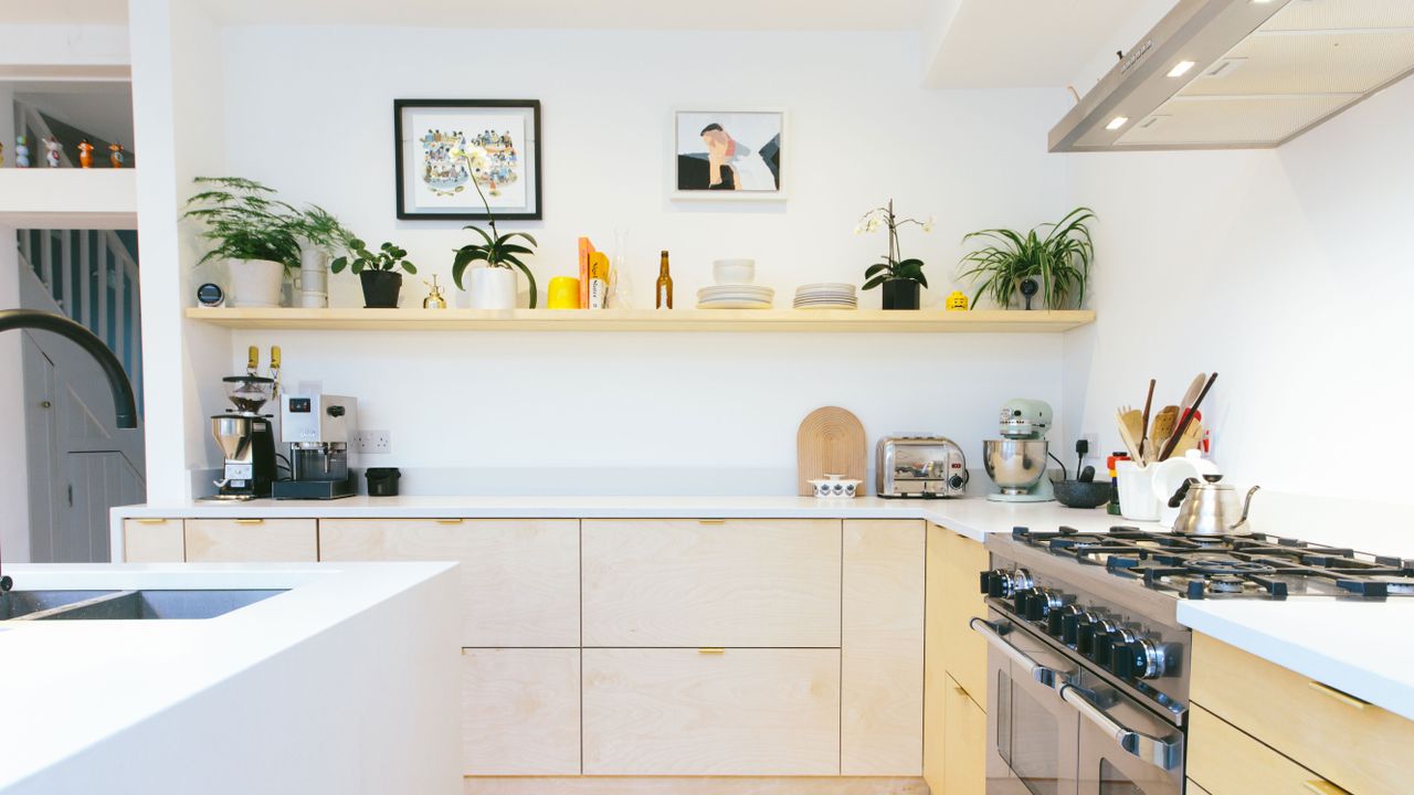 kitchen with white scheme and plywood finish cabinets by plykea