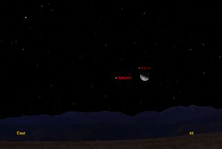 This sky map shows the so-called Saturn Triangle between the moon, Spica and Saturn on Jan. 16, 2012 as it will appear to skywatchers in mid-northern locations at about 2 a.m. local time. 